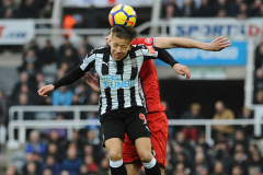Dwight Gayle of Newcastle United battles with Wesley Hoedt of Southampton during Newcastle United vs Southampton, Premier League Football at St. James' Park on 10th March 2018 Dwight Gayle of Newcastle United battles with Wesley Hoedt of Southampton during Newcastle United vs Southampton, Premier League Football at St. James' Park on 10th March 2018