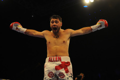 Dave Allen celebrates a first round stoppage win` during a Boxing Show at the Metro Radio Arena on 13th October 2018